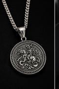Saint George Dragon Slayer Coin Pendant Necklace – Silver Tone Medallion on 22" Rope Chain