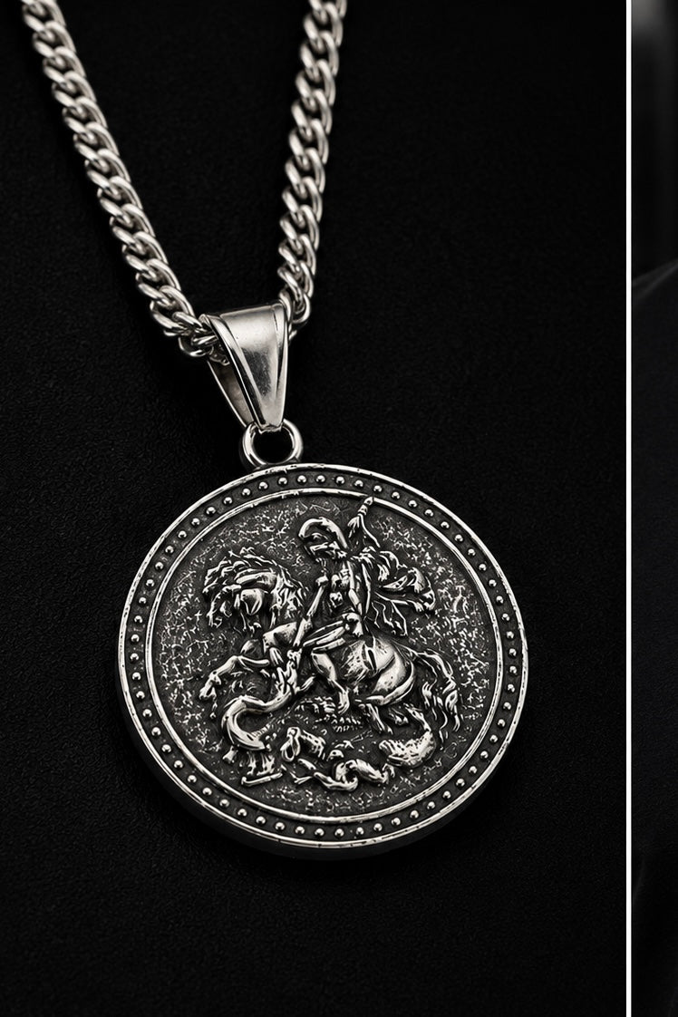 Saint George Dragon Slayer Coin Pendant Necklace – Silver Tone Medallion on 22" Rope Chain